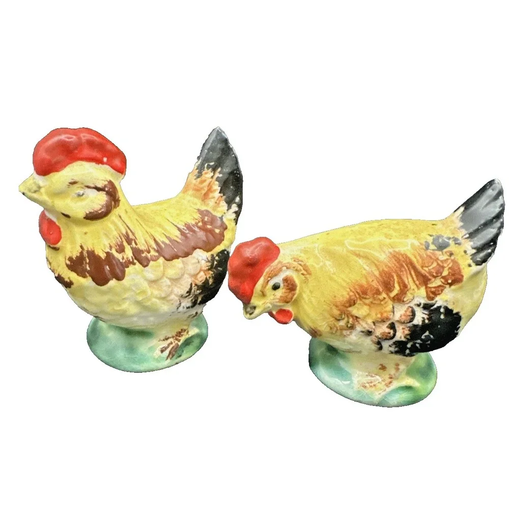 Vintage Ceramic Rooster and Hen Salt & Pepper Shakers Made in Japan 1950's Read